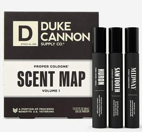 Duke Cannon Proper Cologne Sampler front view with three bottles