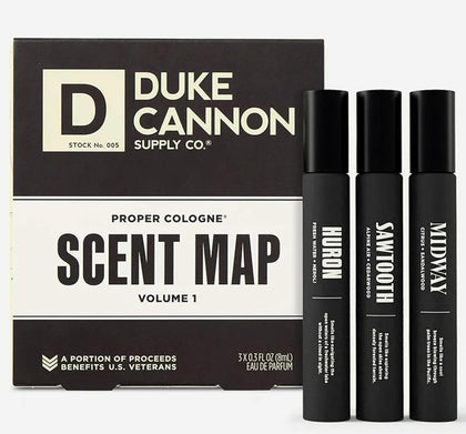 Duke Cannon Proper Cologne Sampler front view with three bottles