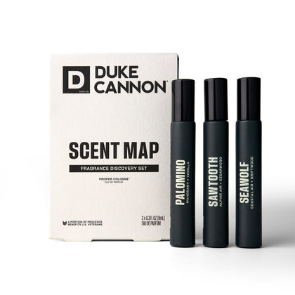 Duke Cannon Proper Cologne Sampler Set with three travel-sized bottles