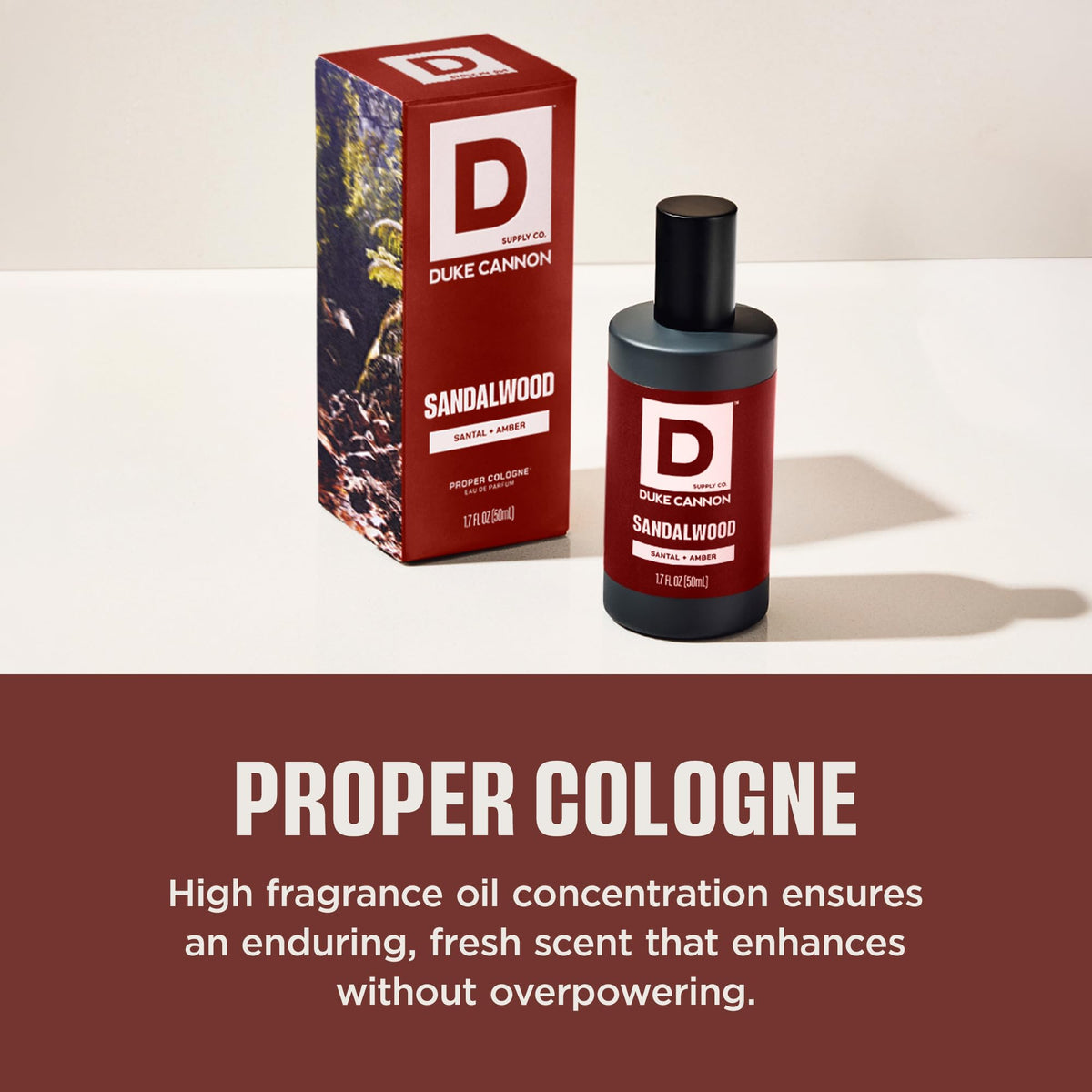 Duke Cannon Proper Cologne Sandalwood bottle close-up