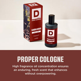 Duke Cannon Proper Cologne Sandalwood bottle close-up
