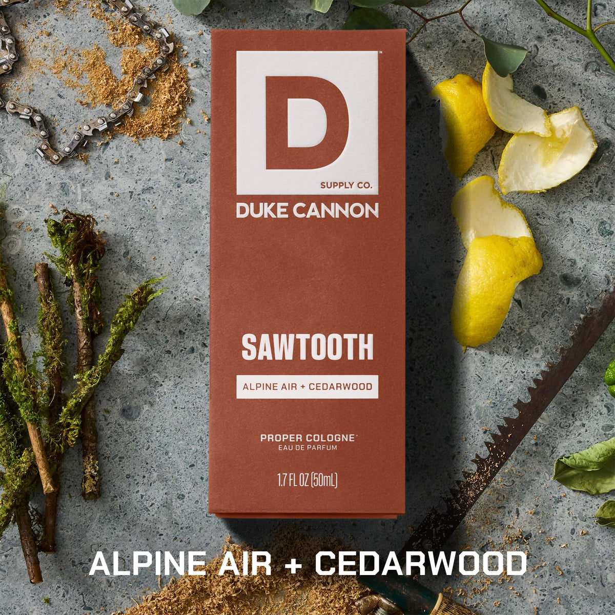 Duke Cannon Proper Cologne Sawtooth bottle with apothecary design
