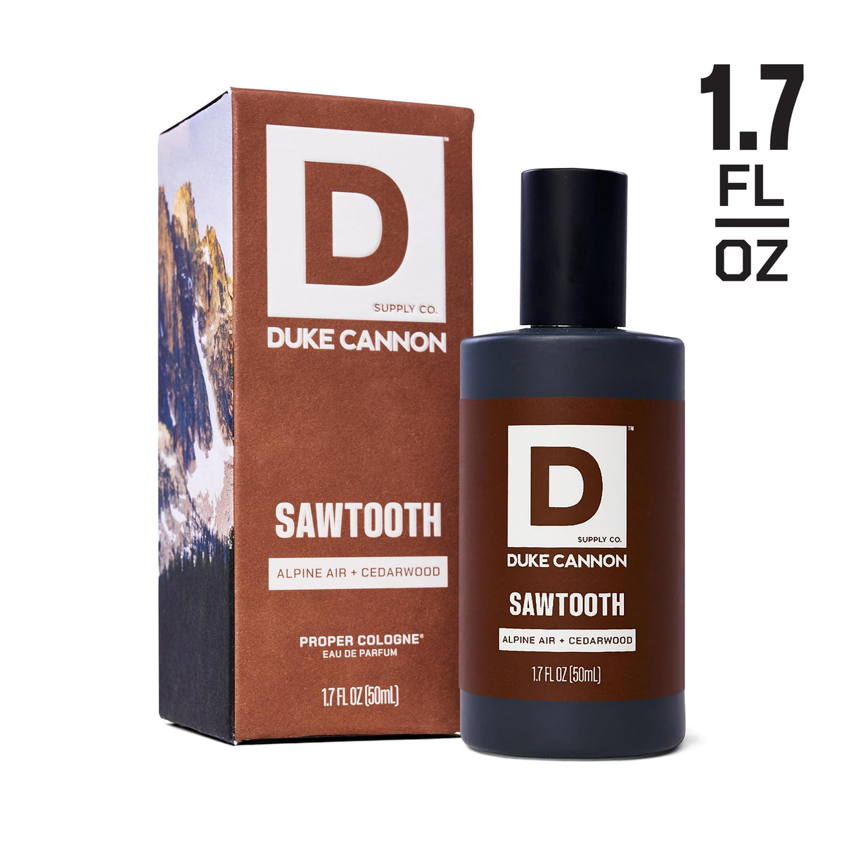 Duke Cannon Proper Cologne Sawtooth with fresh alpine air background
