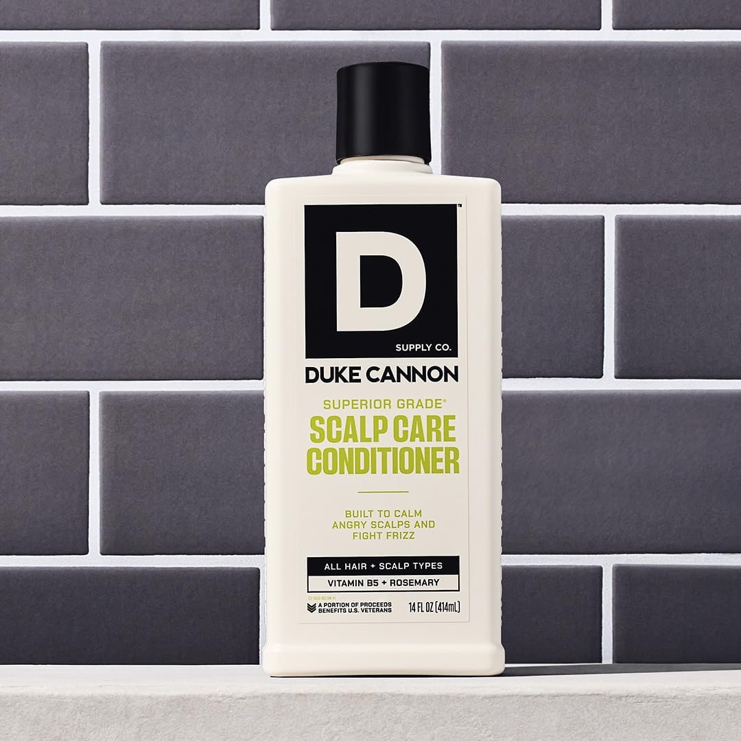 Duke Cannon Scalp Care Conditioner in a bathroom setting