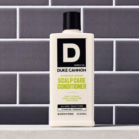 Duke Cannon Scalp Care Conditioner in a bathroom setting
