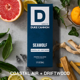 Duke Cannon Seawolf bottle side view with label