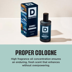 Duke Cannon Seawolf cologne bottle on a wooden surface