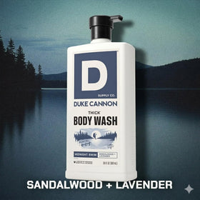 Duke Cannon THICK Body Wash Midnight Swim lather in shower
