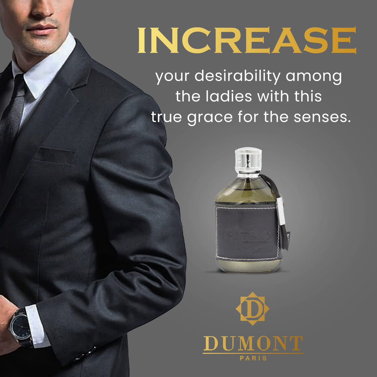 Dumont Nitro Black Eau De Parfum close-up of bottle