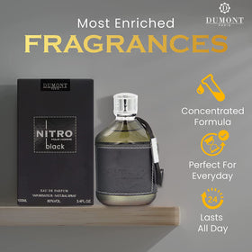 Dumont Nitro Black Eau De Parfum with dark fruits background