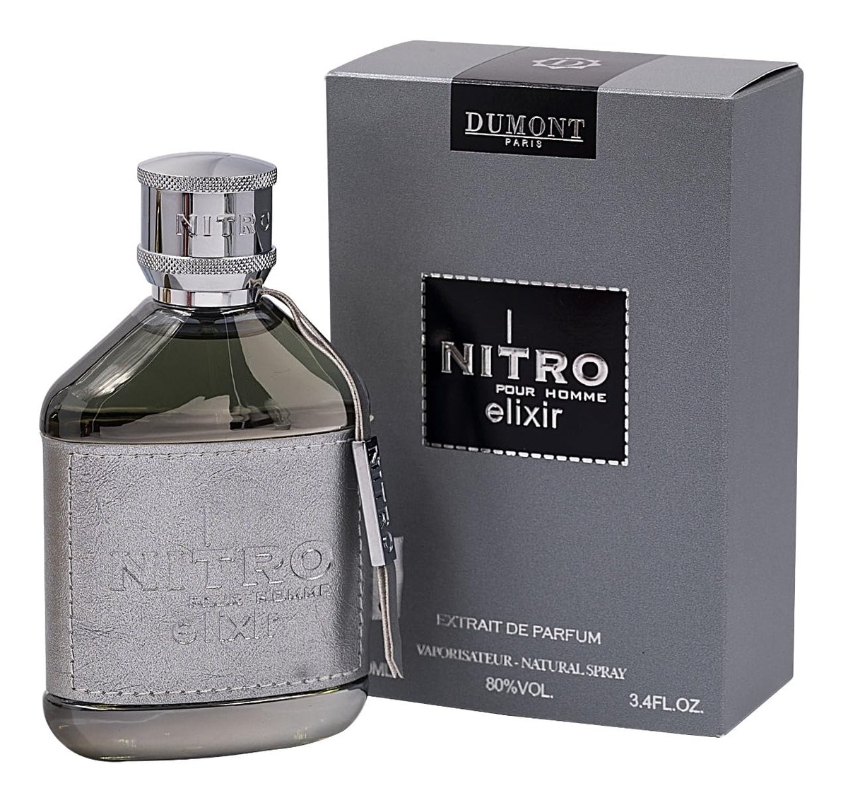 Dumont Nitro Elixir Eau de Parfum 3.4 Fl Oz front view with leather-wrapped bottle