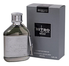 Dumont Nitro Elixir Eau de Parfum 3.4 Fl Oz front view with leather-wrapped bottle