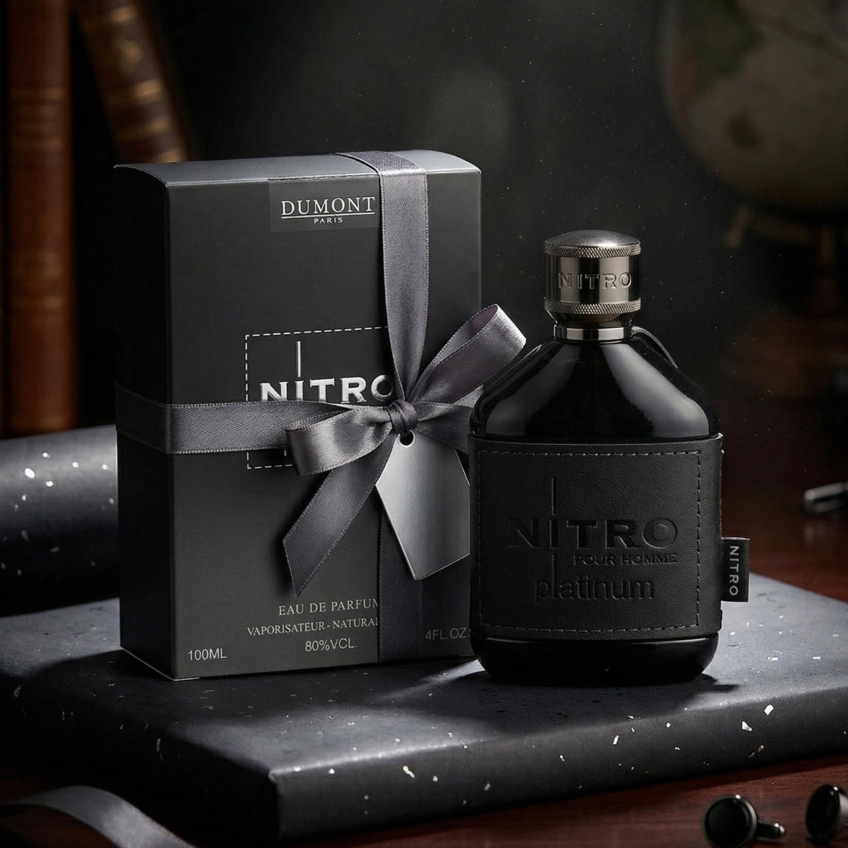 Dumont Nitro Platinum Eau De Parfum bottle with accessories