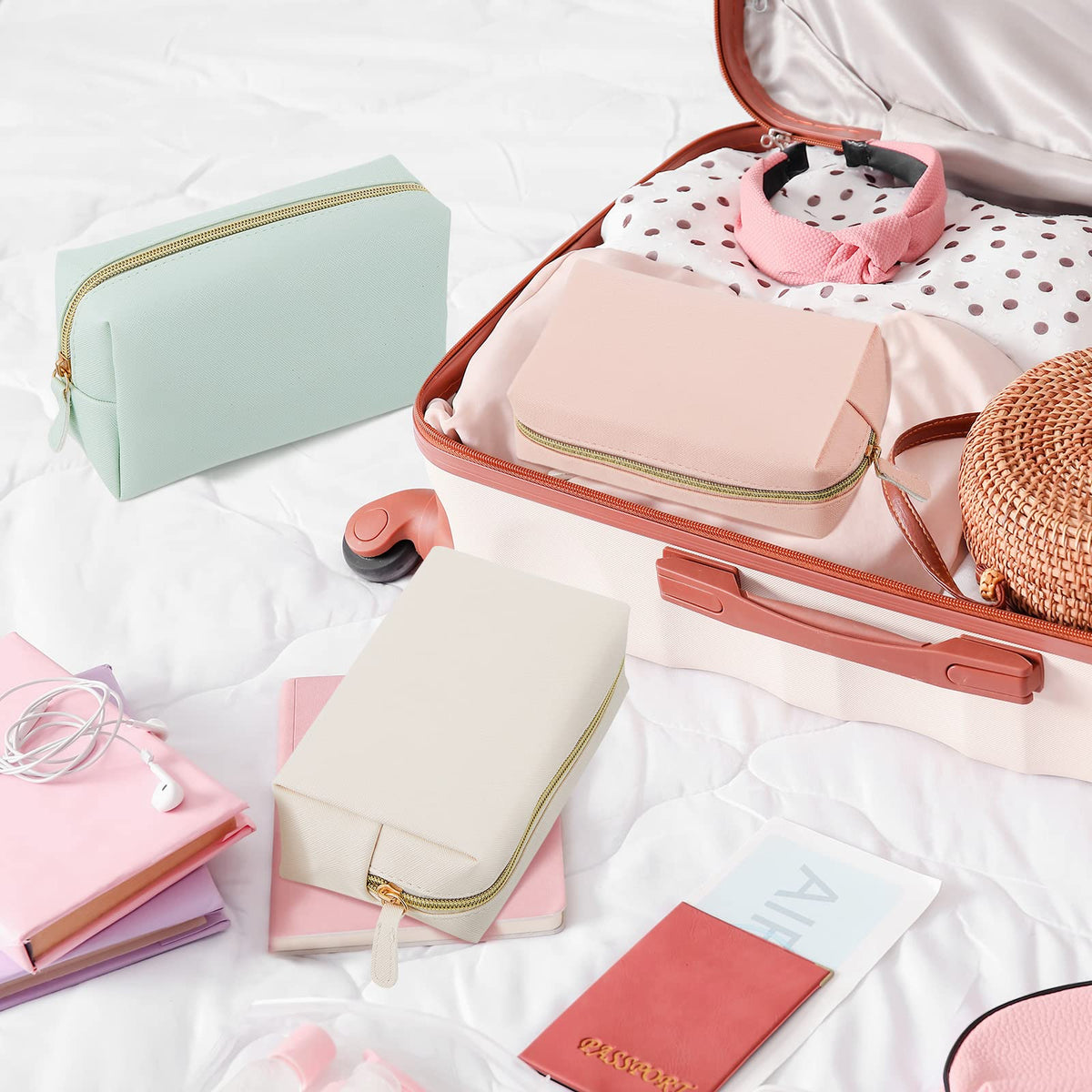 Dunzy makeup bags in different colours on a table