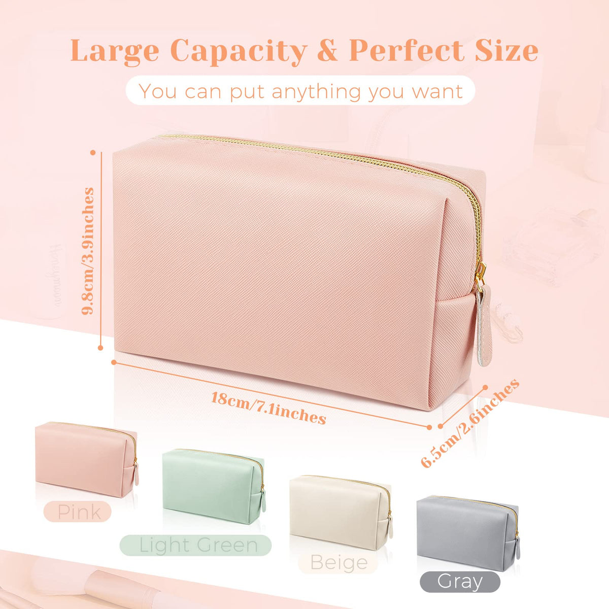Dunzy makeup bags in pink, beige, gray, and light green