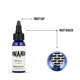Dynamic Color Blue Tattoo Ink 1 oz on a tattoo workstation
