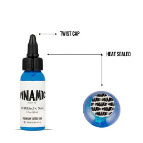 Dynamic Color Co Electric Blue Tattoo Ink 1 oz on a tattoo workstation
