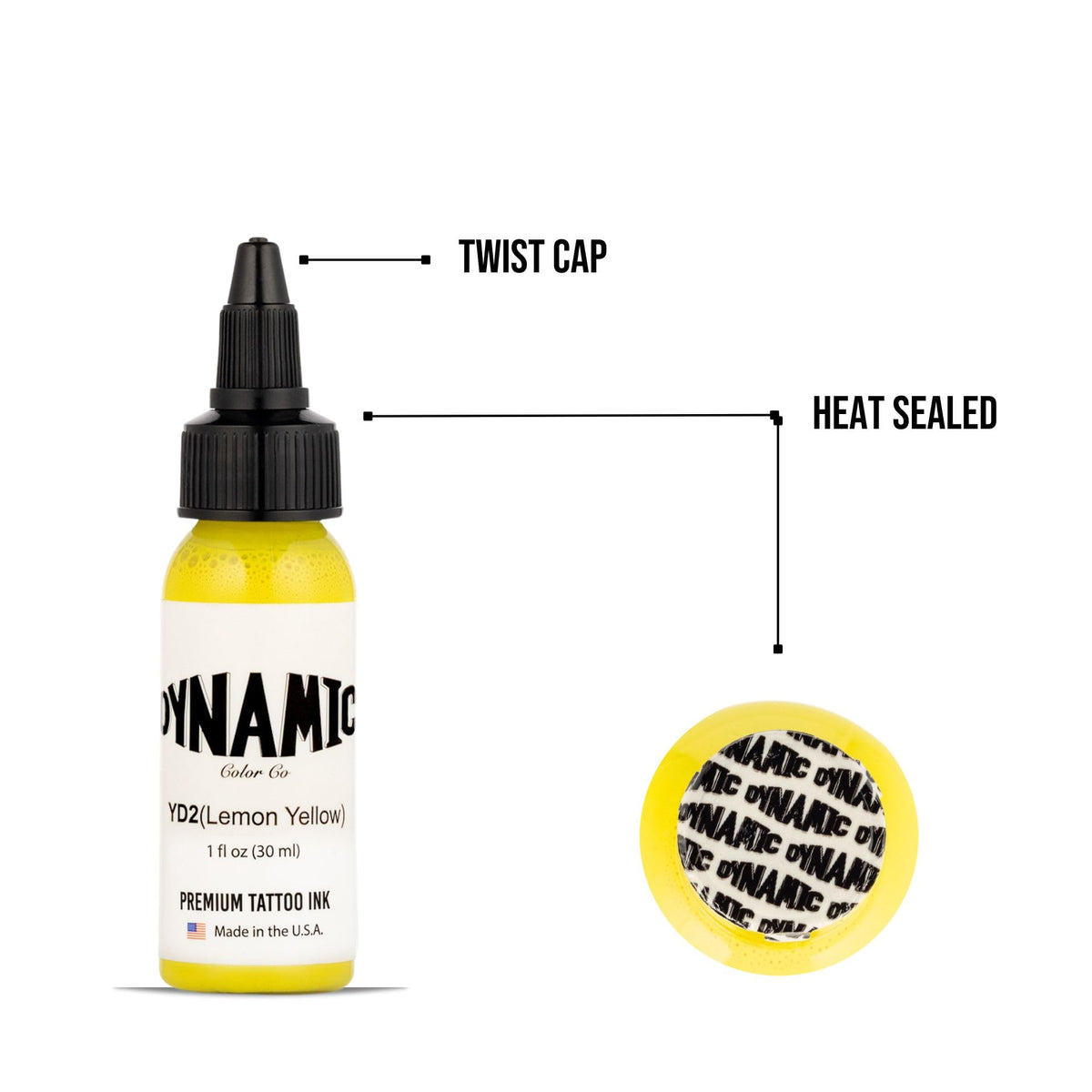 Dynamic Color Co Lemon Yellow Tattoo Ink 1 oz cap open