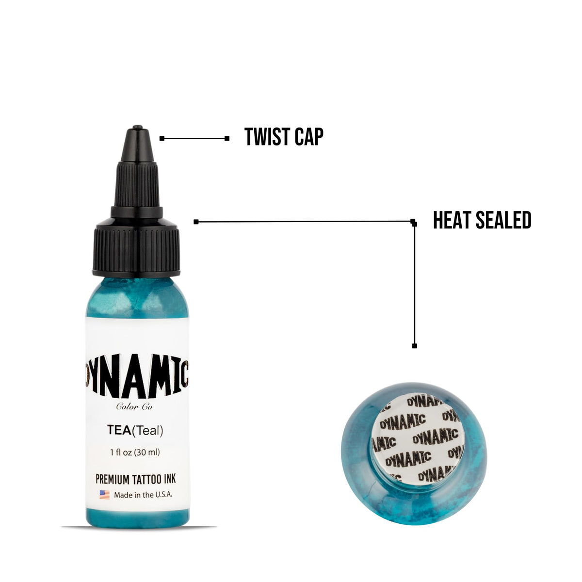 Dynamic Color Co Teal Tattoo Ink 1 oz on a tattoo artist's workstation