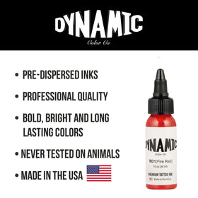 Dynamic Color Fire Red Tattoo Ink 1 oz bottle in tattoo studio setting