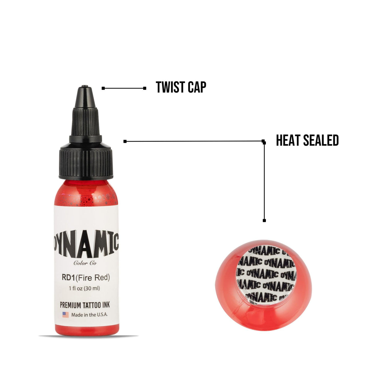 Dynamic Color Fire Red Tattoo Ink 1 oz bottle with ink dropper