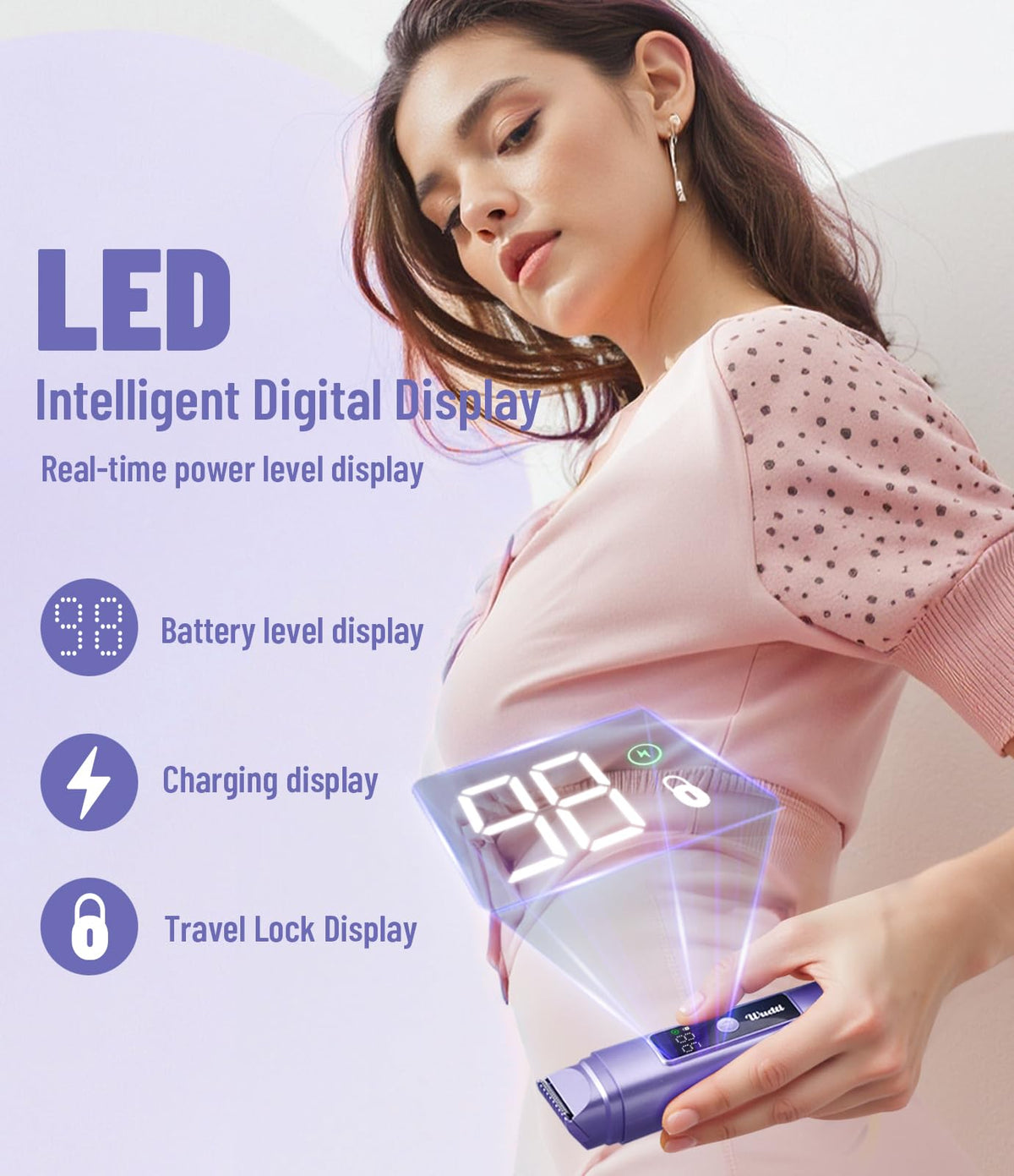 Dynooper bikini trimmer with LED display showing battery status