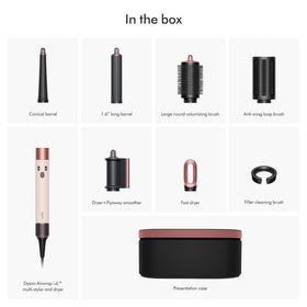 Dyson Airwrap i.d. Multi-Styler on a vanity with hair products