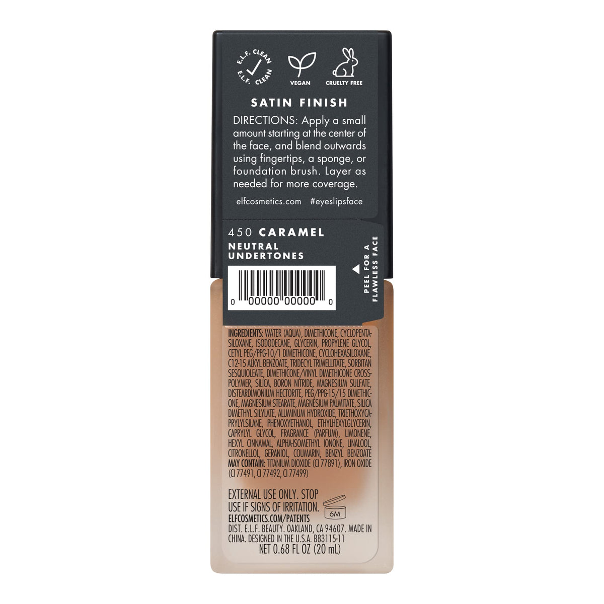 e.l.f. Flawless Satin Foundation Caramel 20mL packaging details