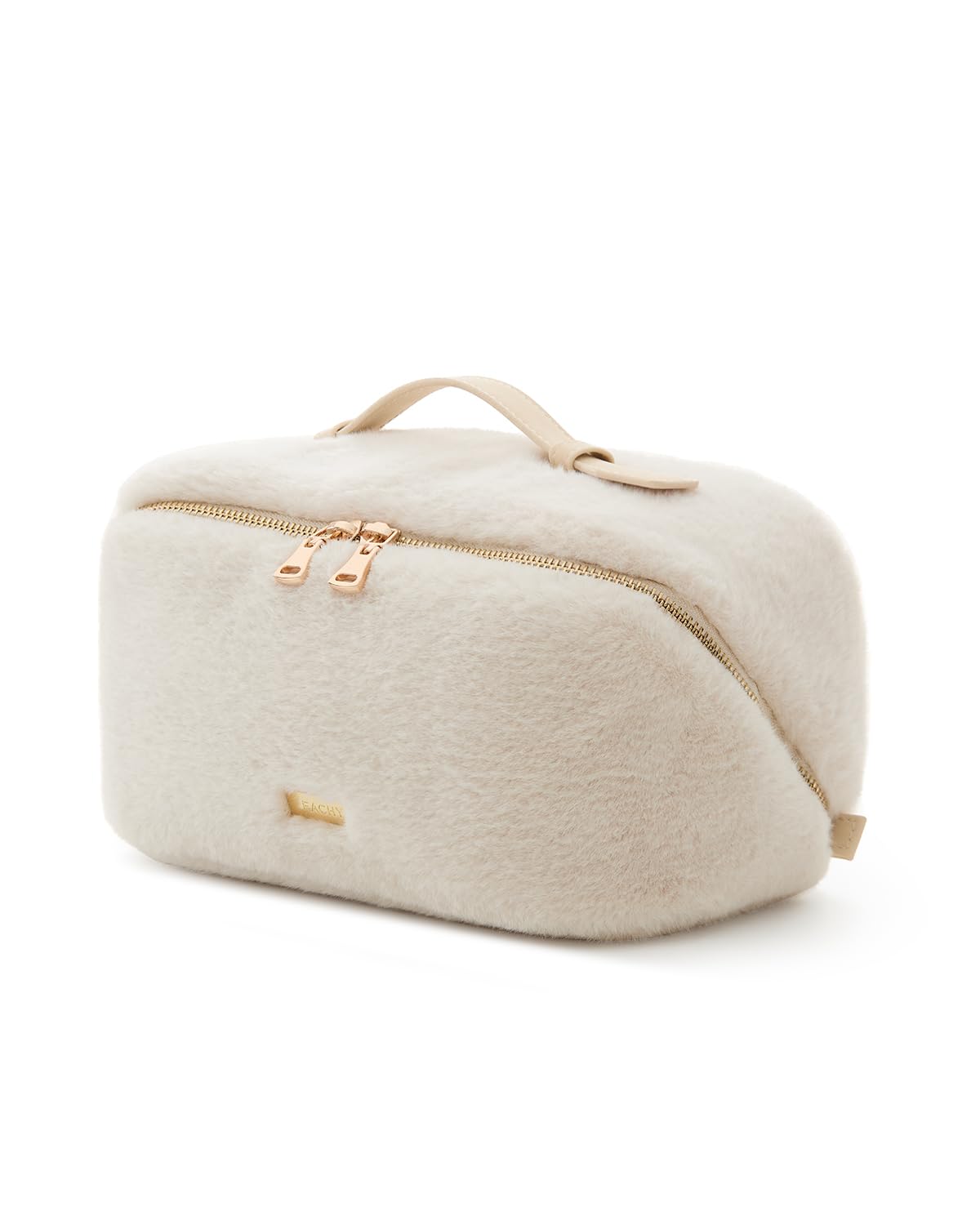 EACHY Travel Makeup Bag beige faux fur front view