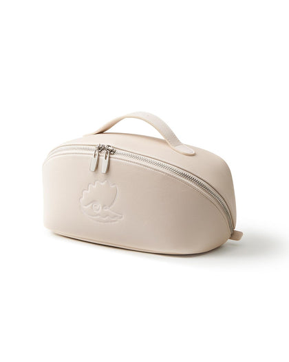 EACHY Travel Makeup Bag beige front view with flat-lay design