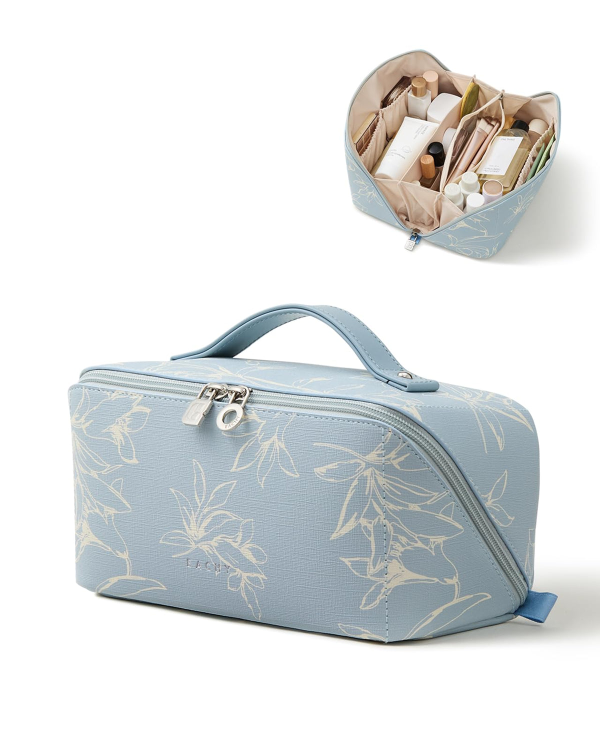 EACHY Travel Makeup Bag blue floral design front view