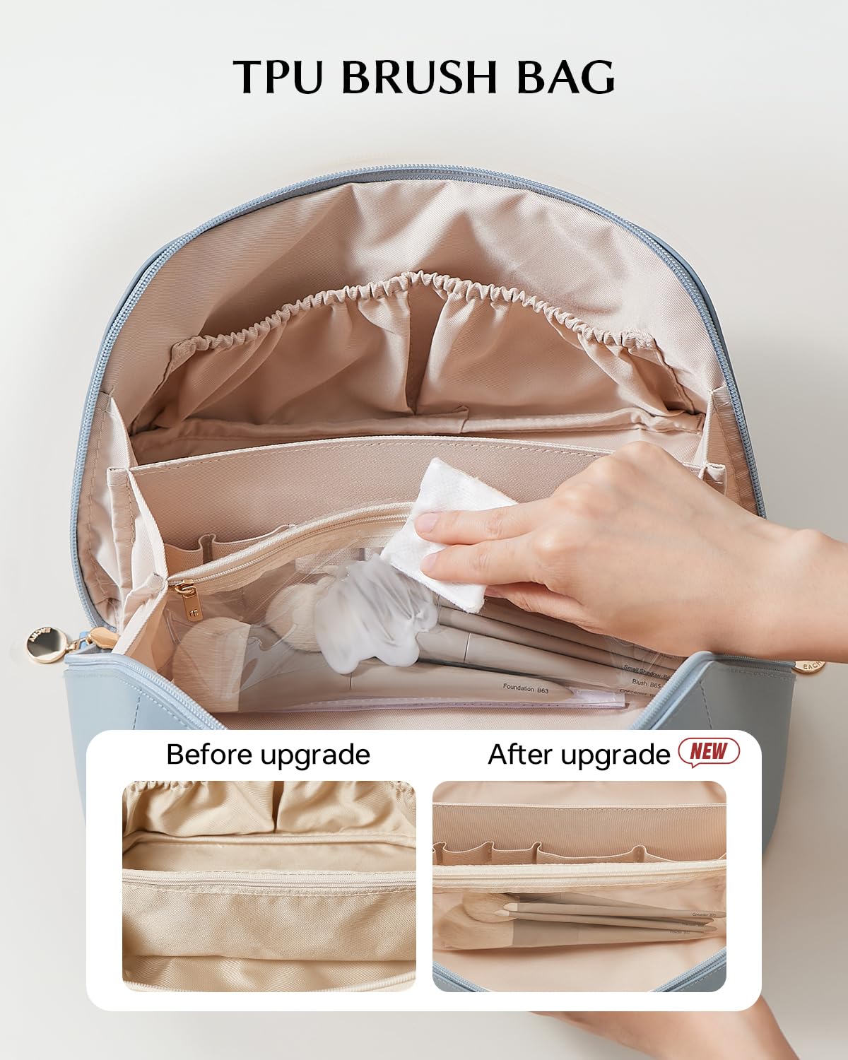 EACHY Travel Makeup Bag blue interior with makeup items