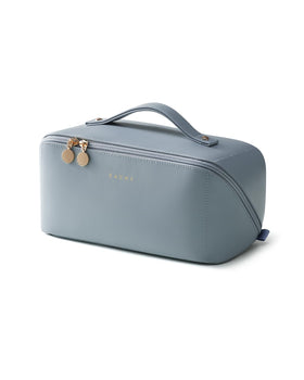 EACHY Travel Makeup Bag blue large front view with open-flat design