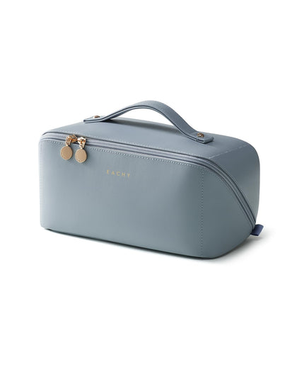 EACHY Travel Makeup Bag blue large front view with open-flat design