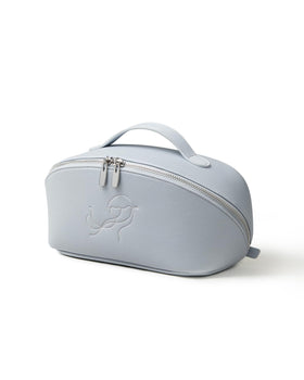 EACHY Travel Makeup Bag blue model front view with flat-lay design
