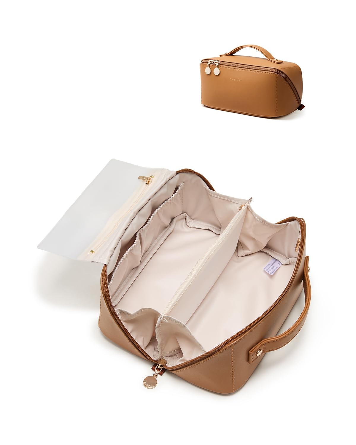 EACHY Travel Makeup Bag brown front view with zipper open