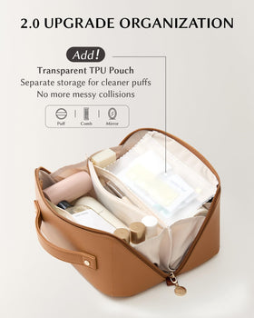 EACHY Travel Makeup Bag brown interior view showing waterproof lining
