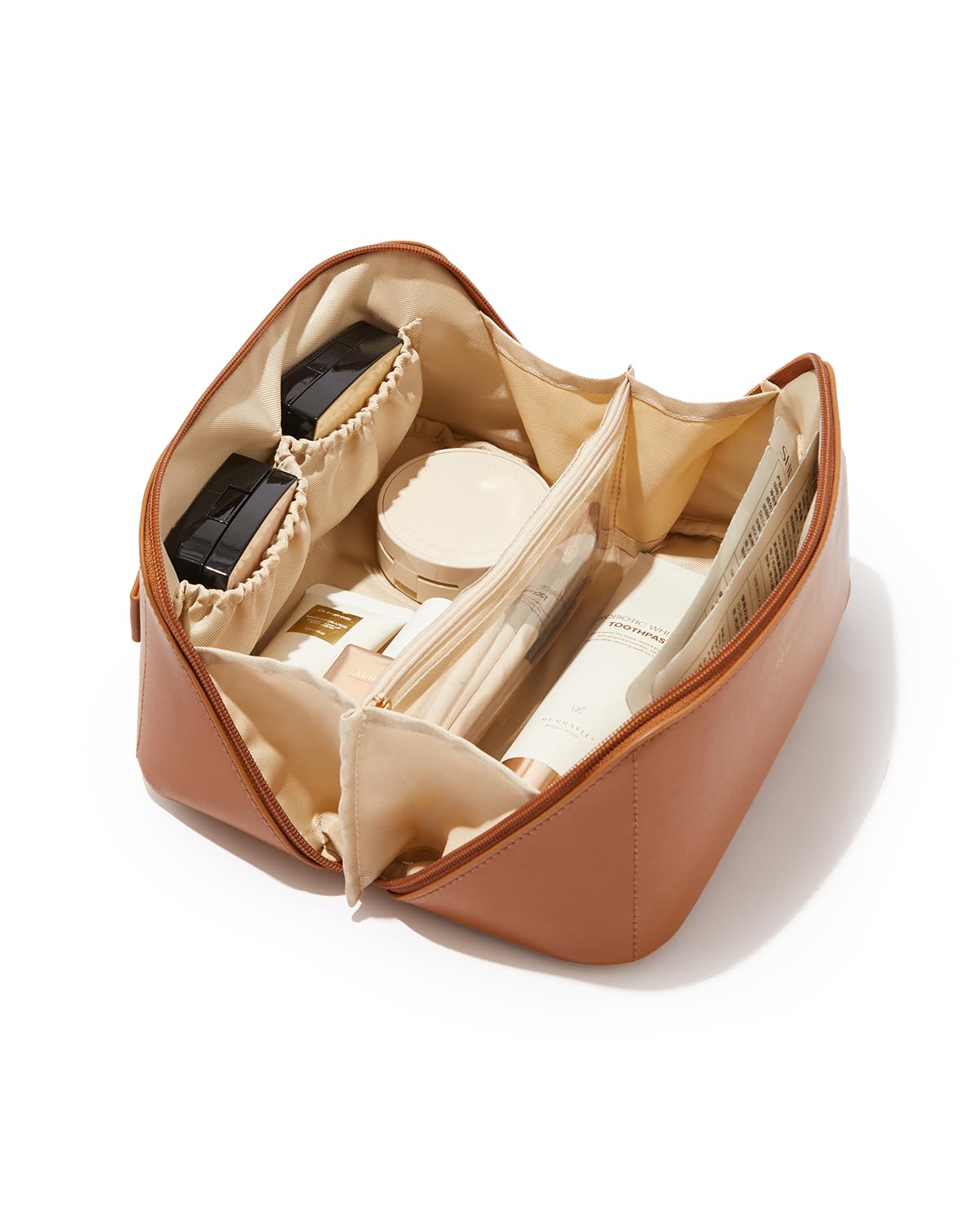 EACHY Travel Makeup Bag brown model front view