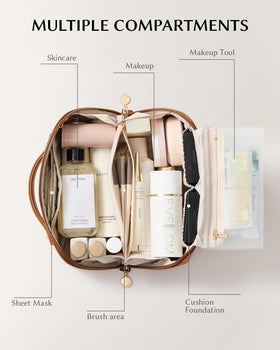 EACHY Travel Makeup Bag brown side view showcasing compartments