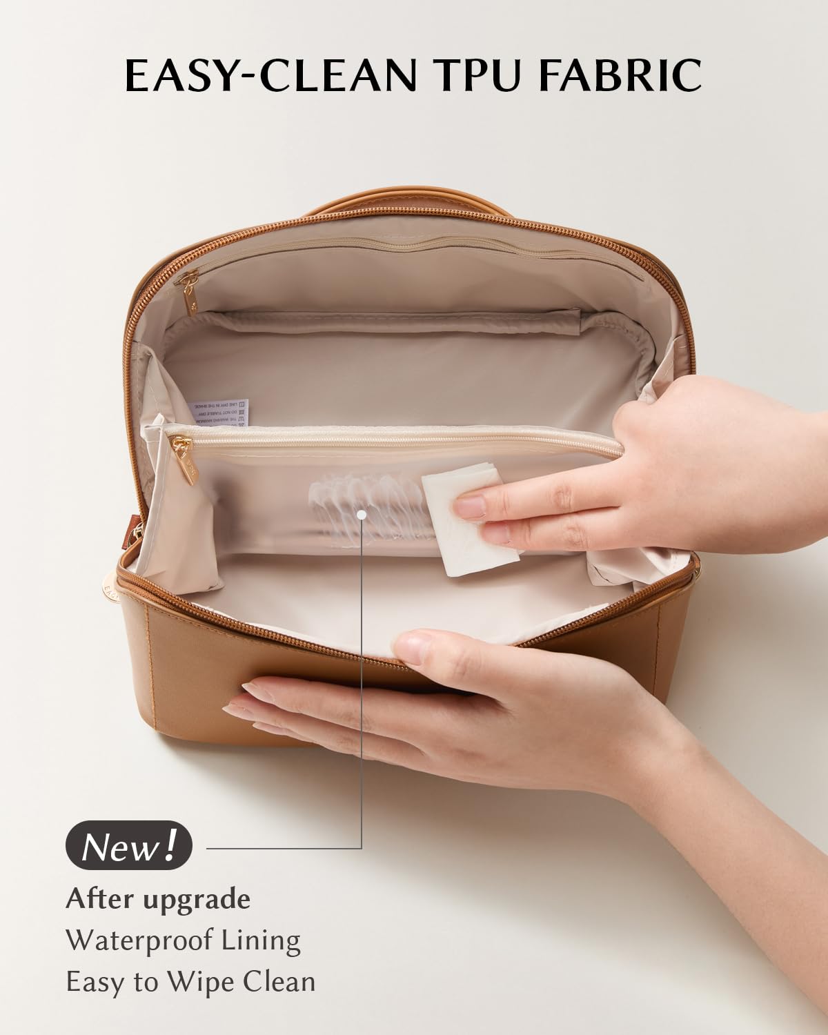 EACHY Travel Makeup Bag brown with travel essentials inside