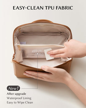 EACHY Travel Makeup Bag brown with travel essentials inside