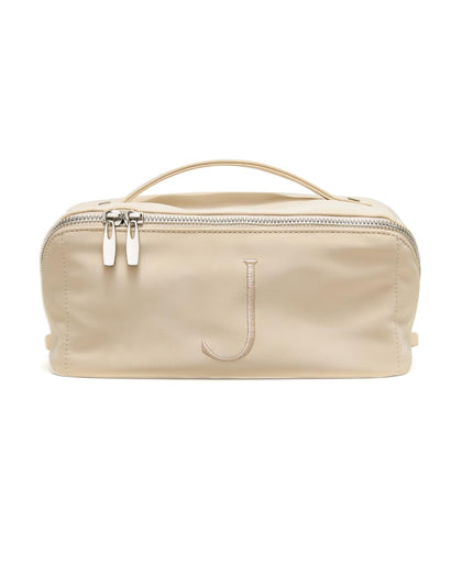 EACHY Travel Makeup Bag featuring personalized initial J front view