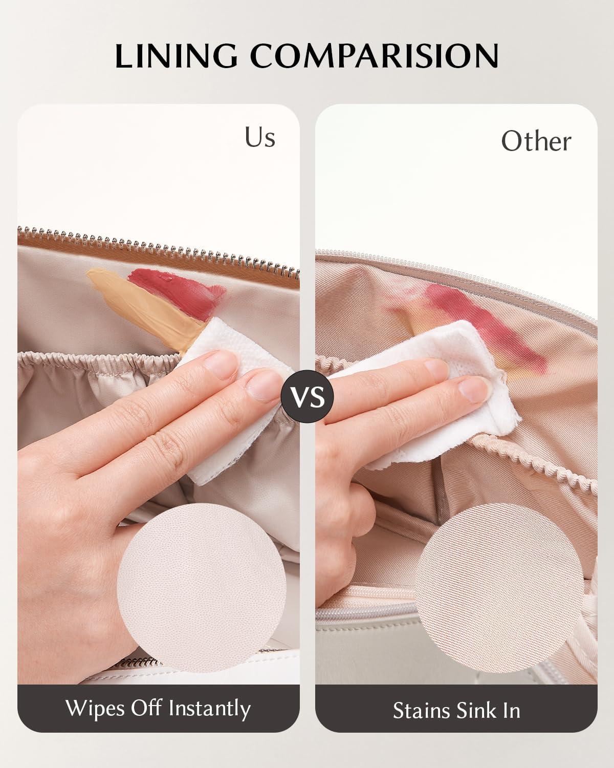 EACHY Travel Makeup Bag flat-lay design showing storage