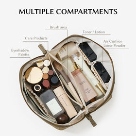 EACHY Travel Makeup Bag flat-open design showing interior compartments