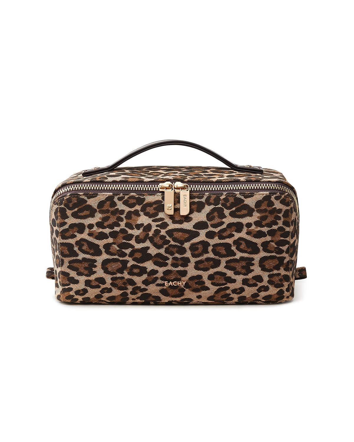 EACHY Travel Makeup Bag flat open view showcasing leopard print
