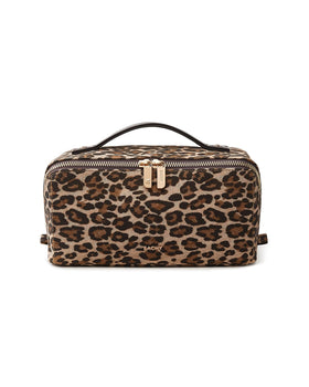 EACHY Travel Makeup Bag flat open view showcasing leopard print
