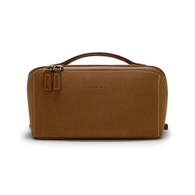 EACHY Travel Makeup Bag front view in brown faux suede