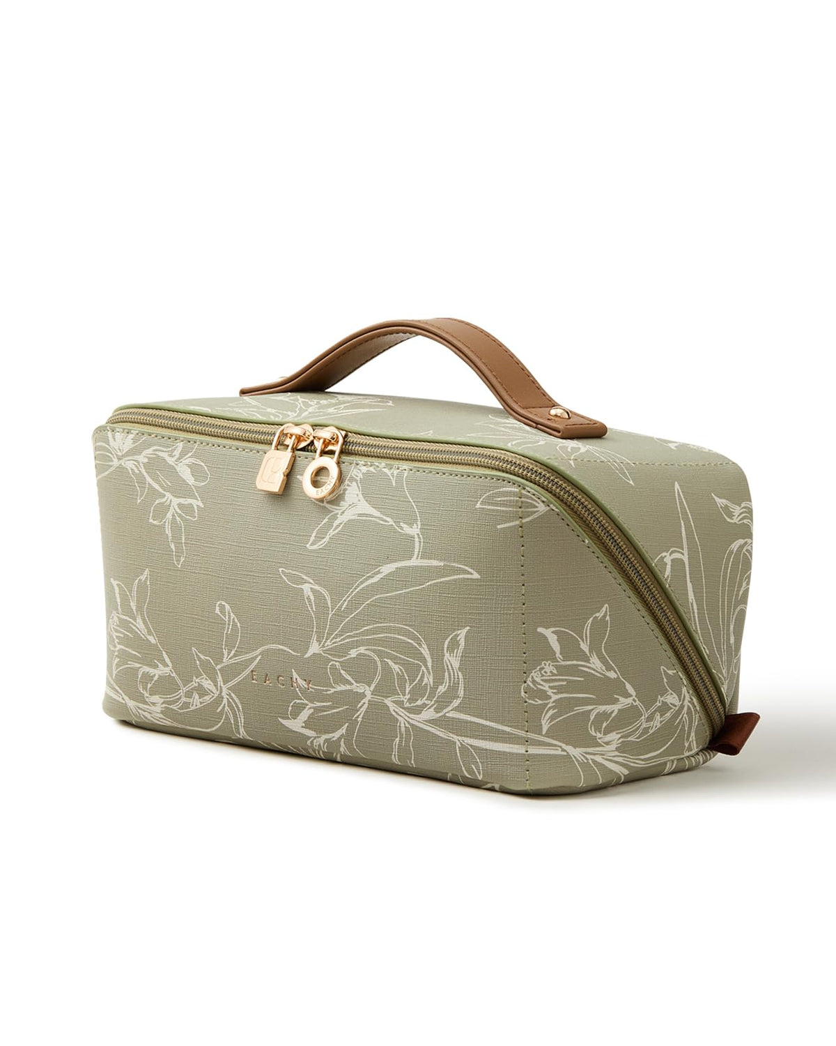 EACHY Travel Makeup Bag front view in green floral design