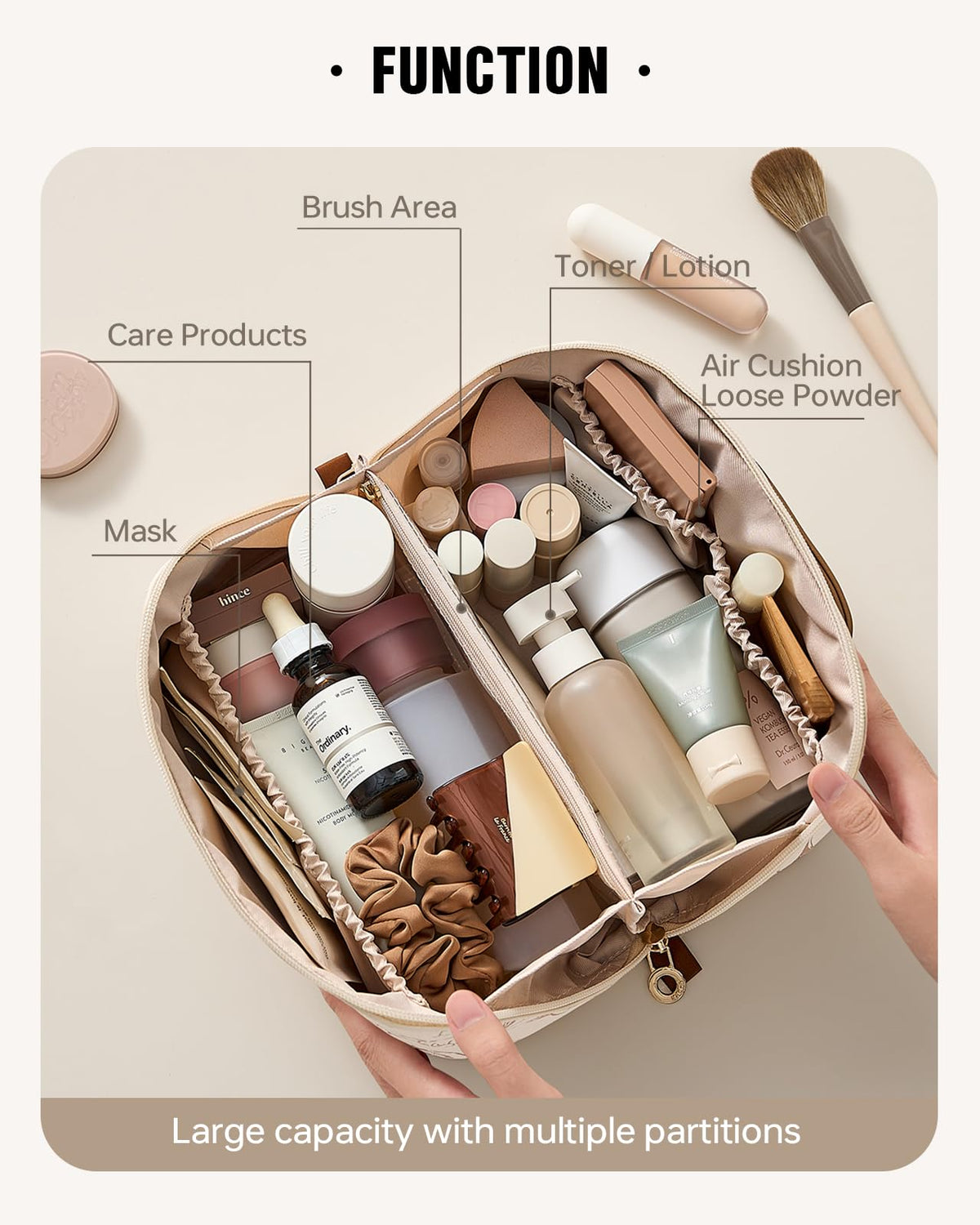 EACHY Travel Makeup Bag full-open design displaying cosmetics