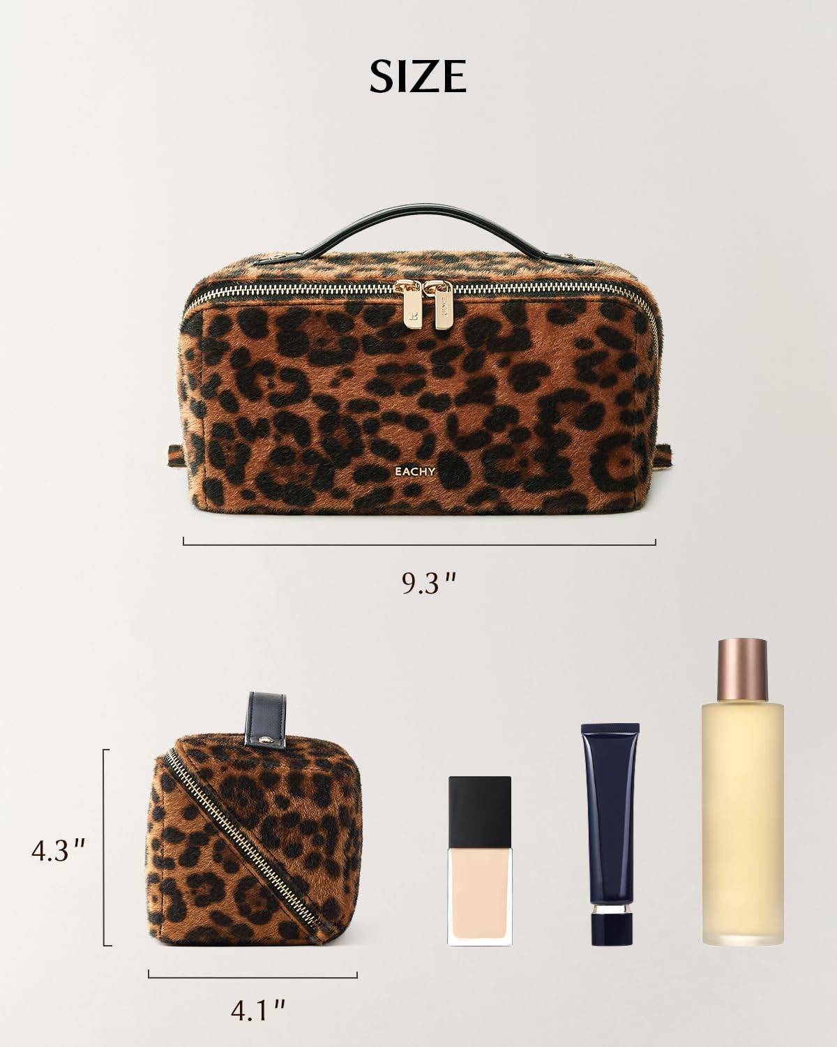 EACHY Travel Makeup Bag in a lifestyle setting with cosmetics